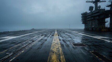 Naklejka premium An aircraft carrier deck shrouded in thick fog on a misty morning.