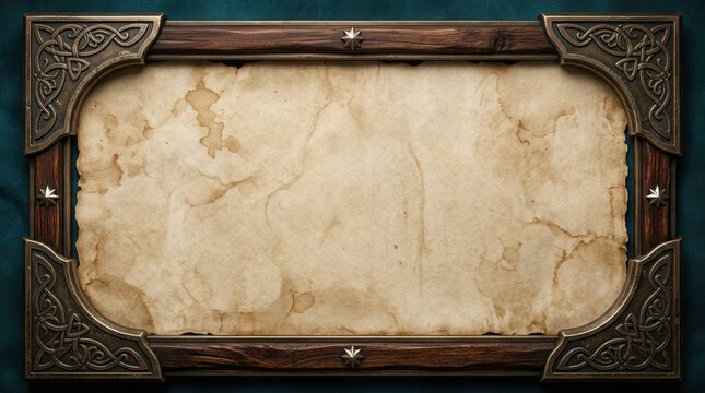 Ornate fantasy frame featuring weathered parchment and dark metal accents.