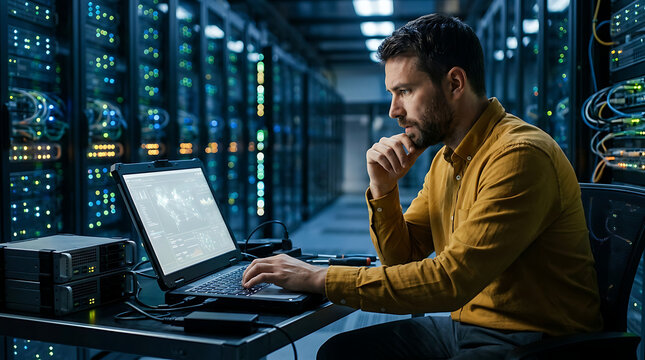 It specialist working on a laptop in a server room with racks of blinking lights data center it specialist it support it infrastructure it job