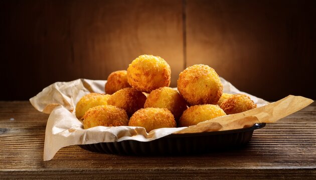 french cheese crispy potato croquettes on a baking paper over a wooden table