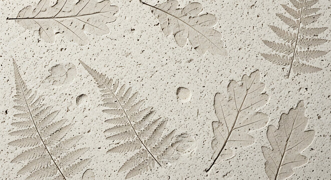This elegant leaf imprint on a concrete texture showcases fern and oak details creating a beautiful botanical fossil effect for modern interior
