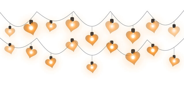 Glowing heart shaped string lights hanging on wire for romantic decoration on transparent background