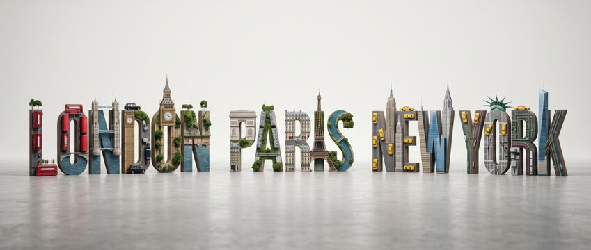 London Paris New York Word Typography with Famous City Landmarks 3D Render. Concept of world travel, famous cities, travel concept.