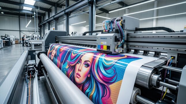 An industrial large format printer produces a colorful image of a woman's face with flowing hair.