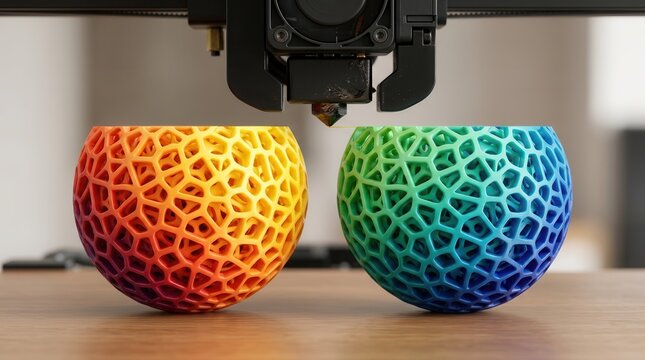 3D printer nozzle creating vibrant rainbow spheres using additive manufacturing.