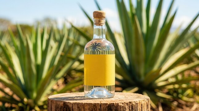 Clear tequila bottle with a blank yellow label sitting on a wood slice outdoors.