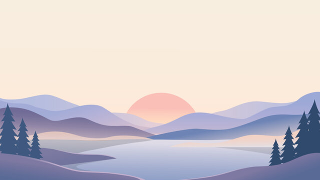 Minimalist landscape illustration featuring a peaceful lake and distant mountains