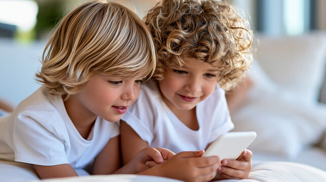 Two young siblings sharing a smartphone screen, focused expressions, social media and games, relaxing indoors together, sibling collaboration, with copy space