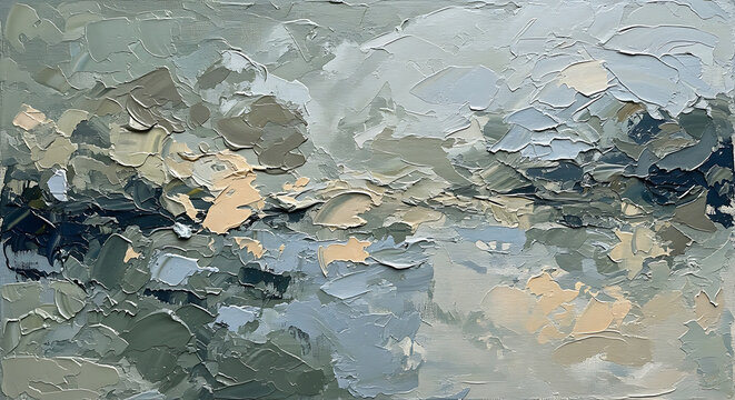 Abstract impasto oil painting with heavy texture featuring a muted sage green and grey landscape created with a palette knife