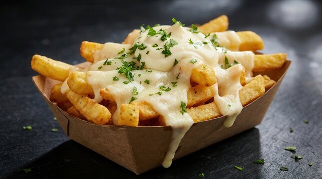 Loaded french fries with melted cheese and mayo in a paper container.