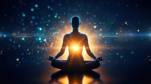 Faceless human silhouette in a yoga lotus pose with a glowing aura and spiritual energy.