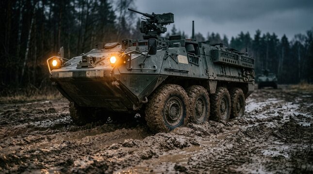 An armored personnel carrier navigates challenging muddy terrain during an intense military training exercise.