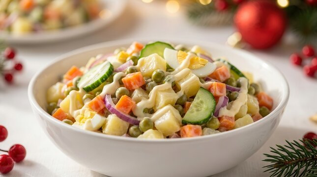 Fresh vegetable salad with eggs and mayonnaise in a white bowl.