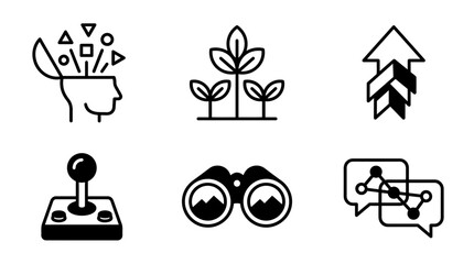 Obraz premium Set of six simple black line icons representing creative thinking growth business gaming research and communication