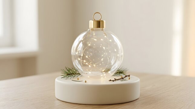 A glowing glass christmas ornament with fairy lights on a wooden pedestal base