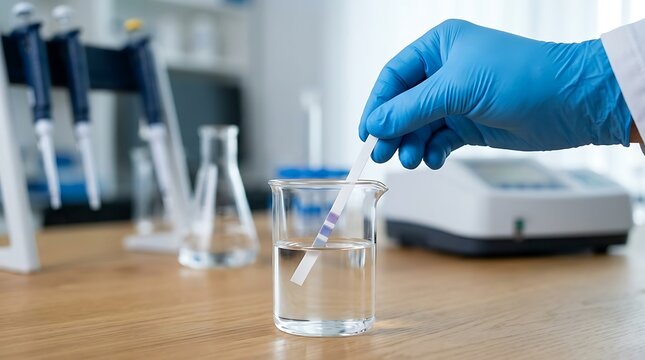 Laboratory scientist testing water quality with pH indicator strip. Professional chemist conducting liquid analysis in medical research lab.
