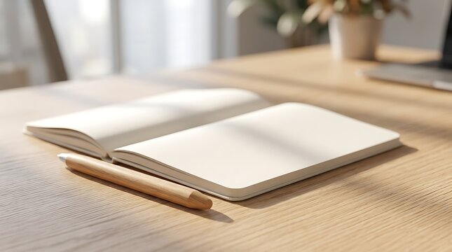 Minimalist open notebook on wooden desk, blank paper journal with pencil, bright home office workspace for creative writing
