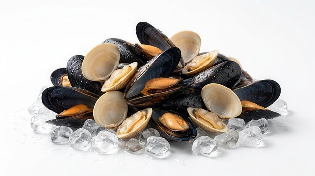 Pile of unshelled clams and cooked mussels isolated on a white background.