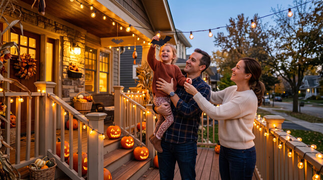 Family enjoys Halloween decorations on porch with pumpkins and string lights