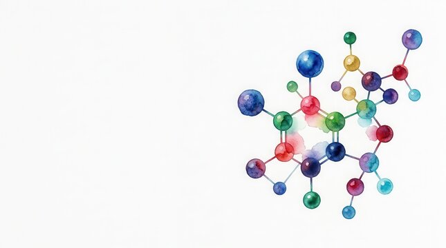 Colorful watercolor illustration of an abstract molecular structure concept.