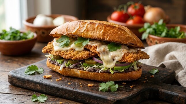Mexican Milanesa sandwich with breaded chicken and melted Oaxaca cheese in a bolillo.
