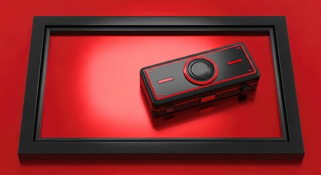 A polished metallic red surface features a sleek black frame border, creating a futuristic tech layout with high gloss and deep reflections, luxury, industrial, steel