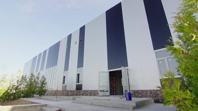 Thuja trees stand near modern building facade with contrasting vertical panels. Bright daylight highlights architectural design of facility