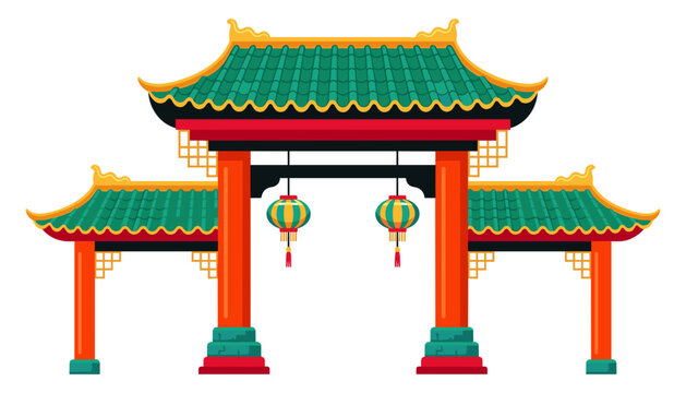 Traditional Chinese gate paifang entrance with green tiled roofs red pillars and hanging paper lanterns vector isolated illustration