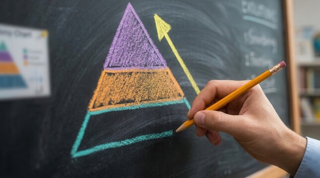 A hand draws a colorful layered pyramid chart with an upward arrow on a blackboard to illustrate business growth.