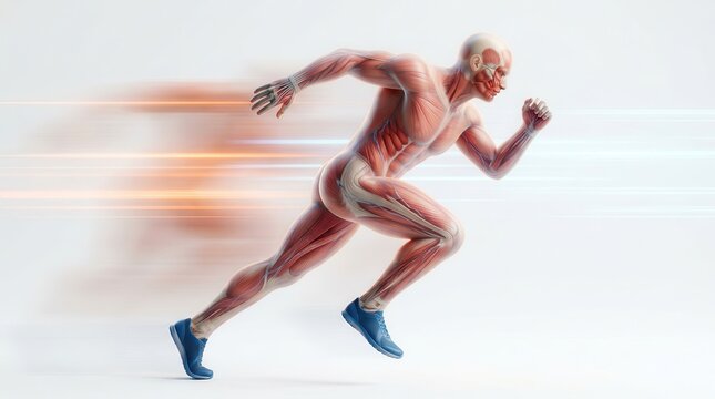 Male anatomical figure in a sprinting stance showing deep muscle layers and fiber detail.