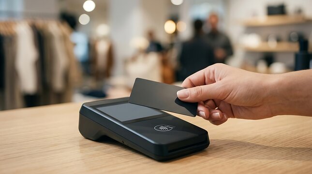 Contactless credit card payment at retail store terminal. Customer using NFC technology for secure checkout. Modern electronic transaction.