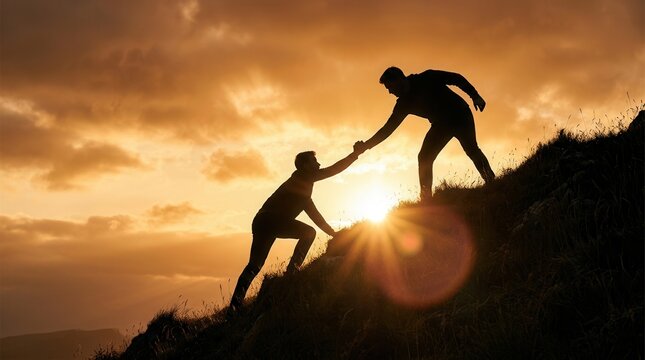 Silhouette of one person helping another up a hill at sunset representing support and teamwork.