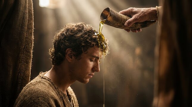 Biblical scene of an ancient ritual anointing a king with holy oil from a horn.