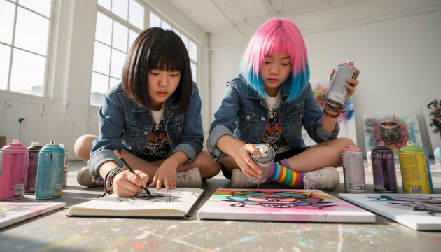 Creative art students collaborating on drawing and painting project using spray cans sitting on studio floor with bright natural window light from front angle and ample copy space