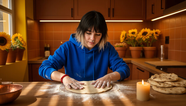 Dedicated home baker kneading fresh dough on kitchen counter preparing homemade pastry under warm sunny window light from high angle perspective featuring rustic details and copy space