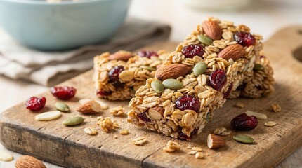 Fototapeta premium Close-up of a granola bar breaking to reveal oats, nuts, and seeds for healthy nutrition.