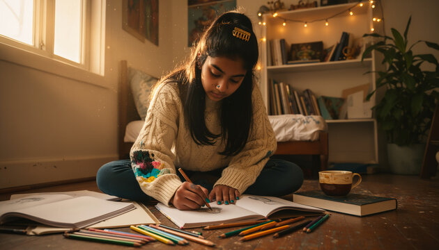 Talented young illustrator sketching intricate designs in notebook sitting on bedroom floor with colored pencils and coffee cup under golden hour sunlight