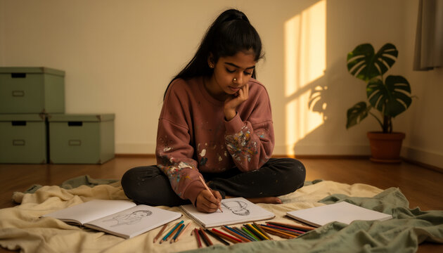 Passionate art student drawing beautiful portrait on paper sitting comfortably on floor blanket during warm sunset evening with beautiful side illumination