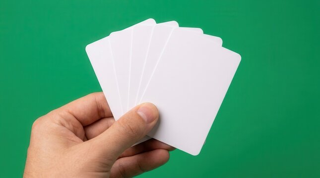 A hand holds a stack of blank white cards against a solid green backdrop.