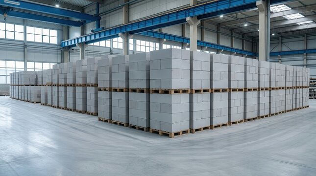 Manufacturing of aerated concrete blocks and AAC blocks in a large factory.