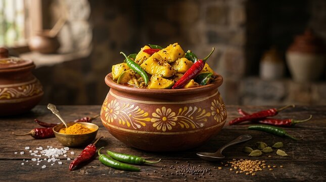 Homemade mango achar and kairi loncha presented in a traditional clay pot with spices.