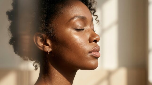Close up profile of an African American woman with radiant, hydrated melanin skin in soft natural light.