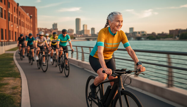 Cheerful group leader riding electric bicycle along scenic city waterfront path during beautiful sunset leading active outdoor fitness lifestyle with dynamic front angle and copy space