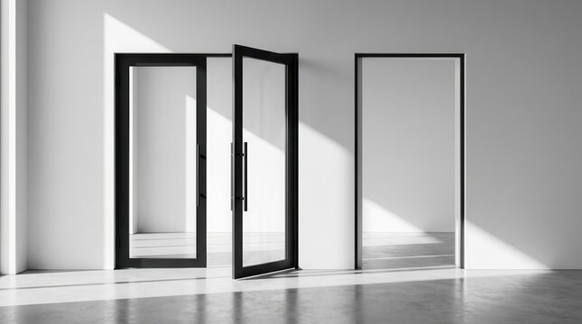 Minimalist modern room featuring a black framed glass door and an open white doorway.