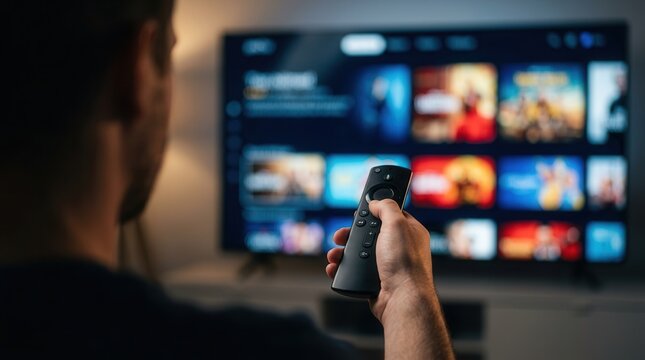 A hand holding a TV remote control while watching online television streaming video.