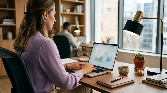 Woman working on laptop at desk in modern office with graphs and charts remote work desk lamp coffee cup succulent plant startup business