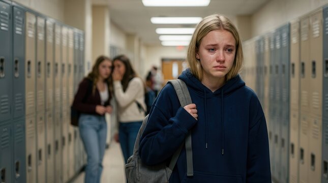 Sad teenage girl crying in a school hallway due to bullying and social isolation.
