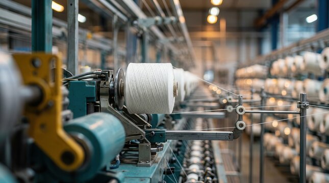 Automated textile factory production line with numerous white yarn spools on modern machinery.