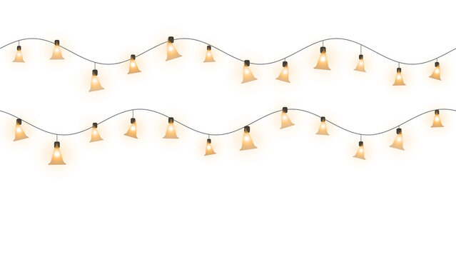 Glowing string lights with warm bulbs hanging on wire isolated on transparent background
