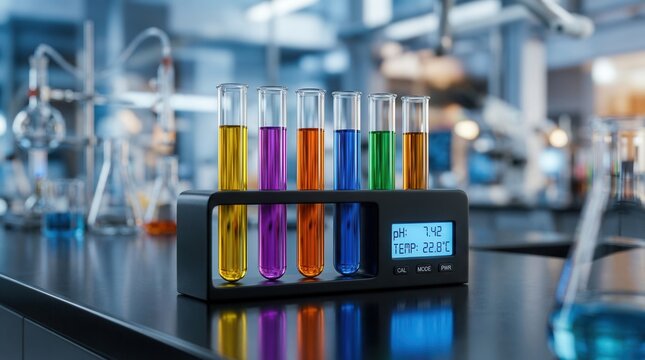 Colorful test tubes in a rack on a clean modern laboratory countertop with digital pH and temperature display.
